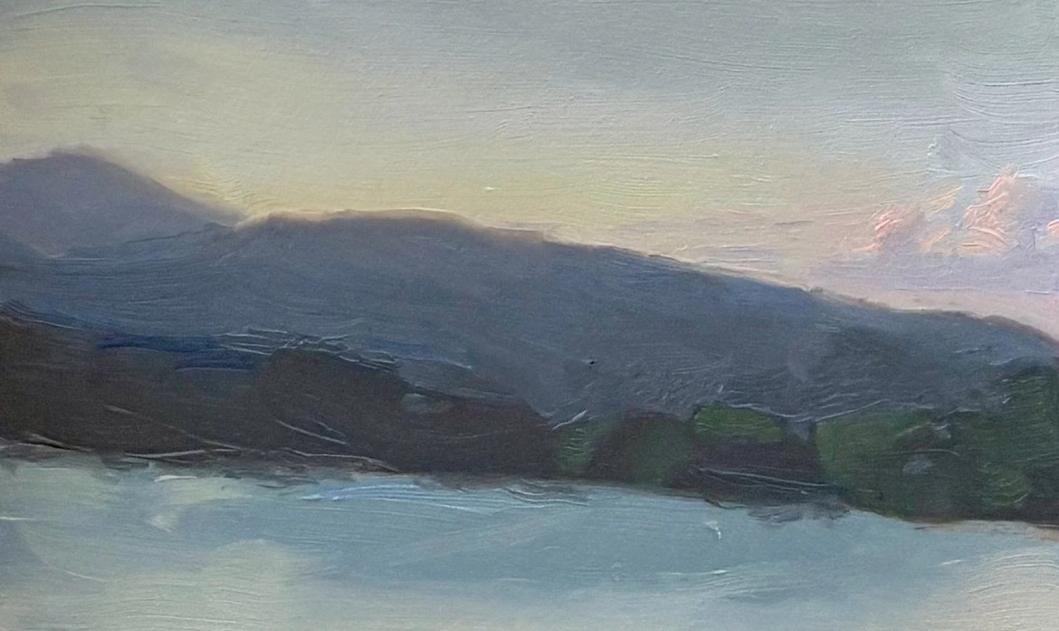 "Ripples at Sunset", 5x3, oil on paper.