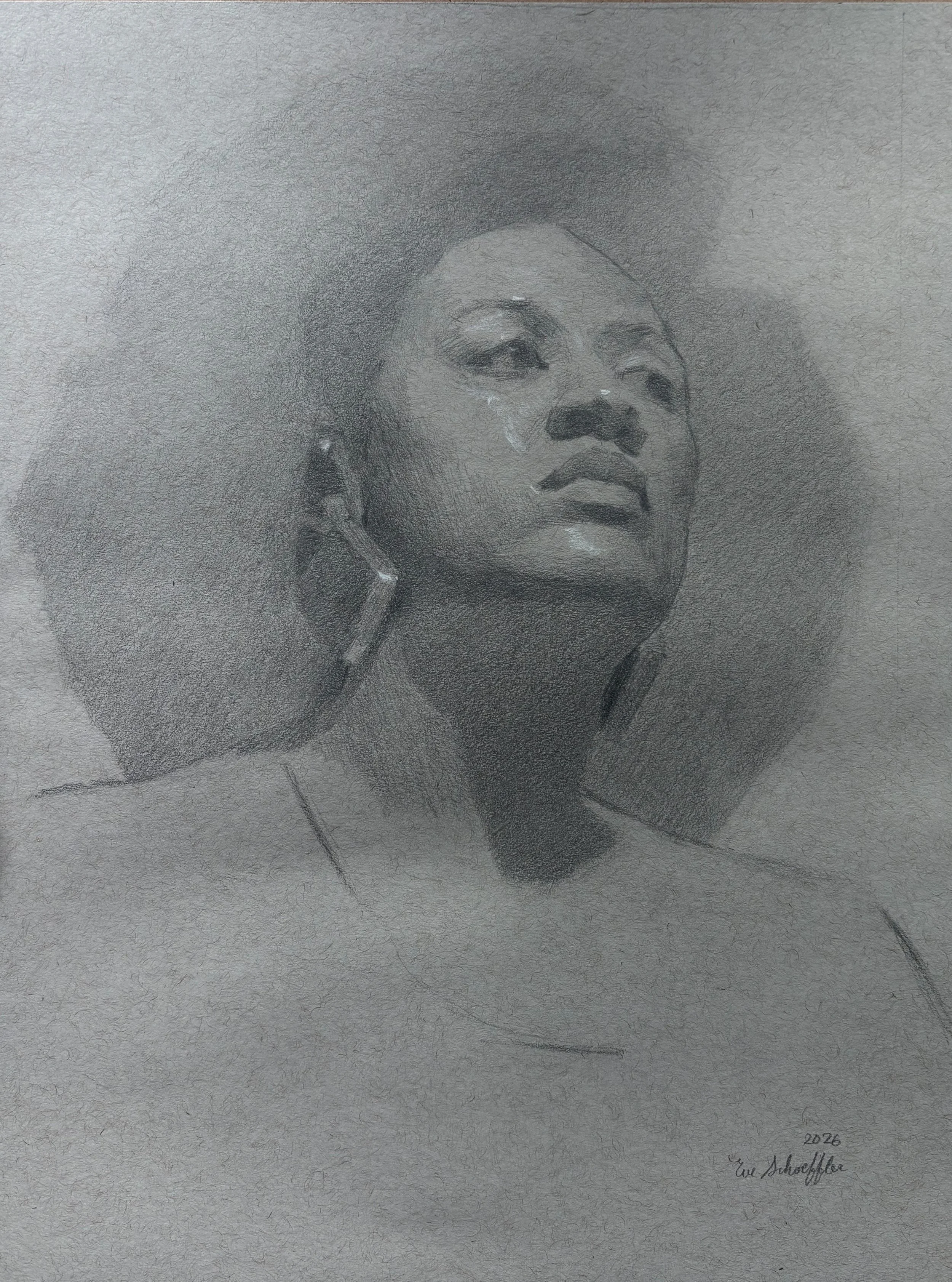"Kimmah", 9x12, white chalk and graphite on toned paper. 