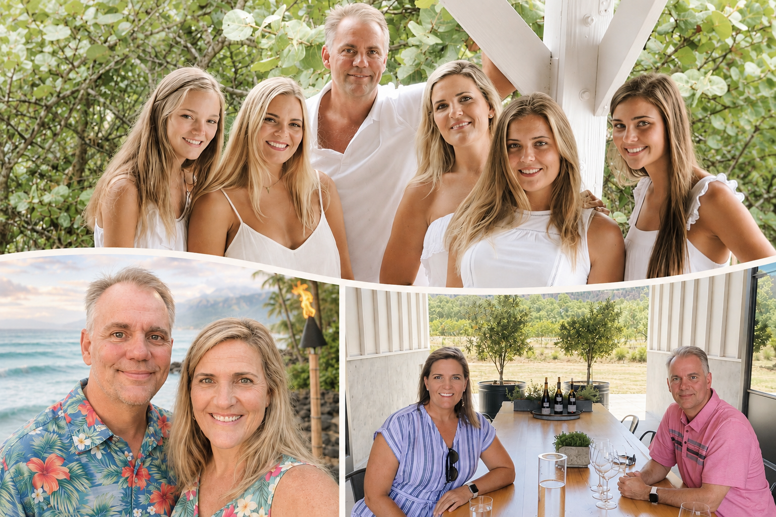 Collage of three photos showing a family gathering with adults and children, outdoor and indoor settings, smiling faces, and a relaxed atmosphere.