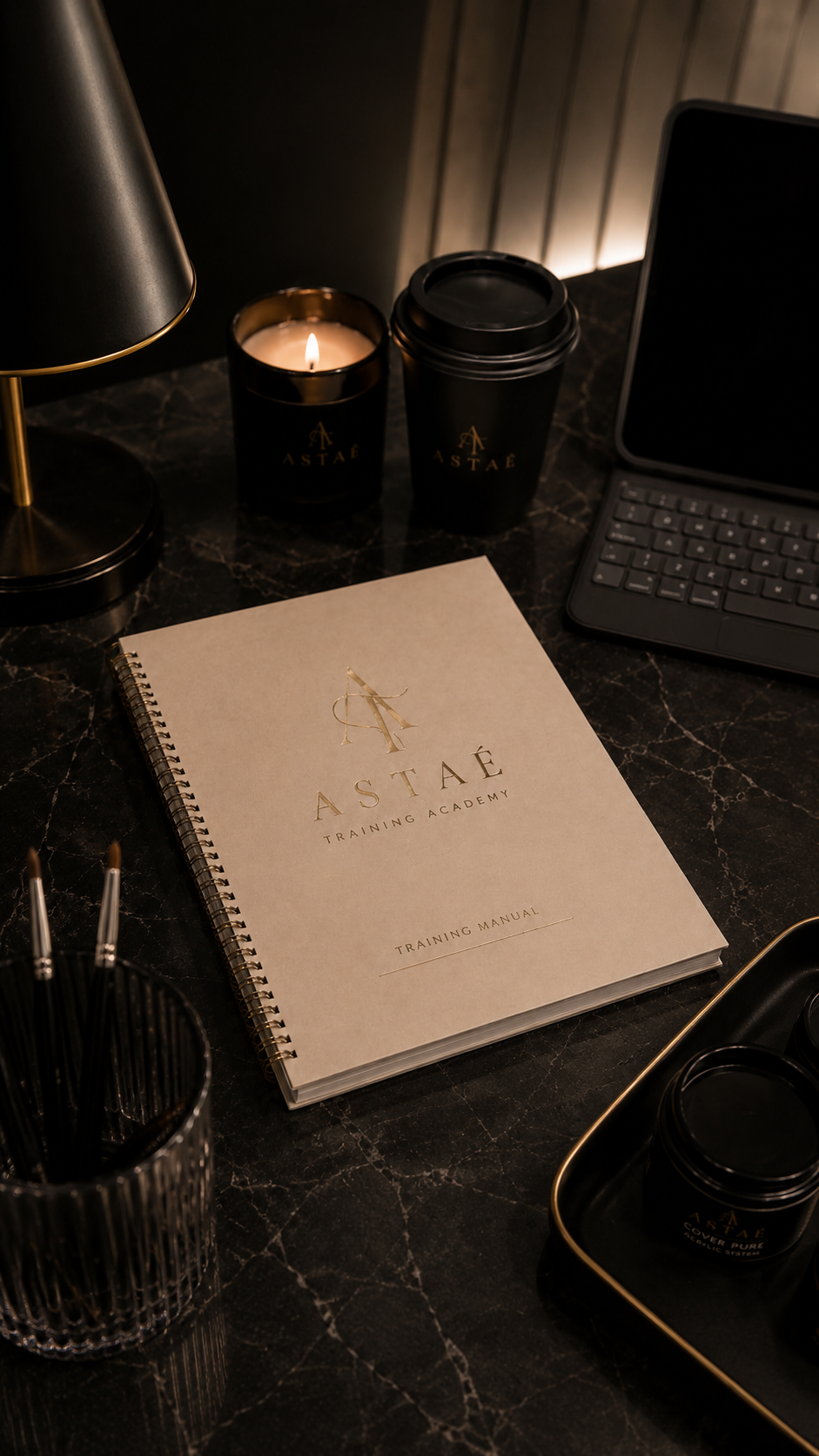 A workspace with a notebook labeled 'ASTAE TRAINING ACADEMY', a candle, a travel mug, a laptop with a keyboard, a table lamp, and a container with brushes and pens, all arranged on a dark marble surface.