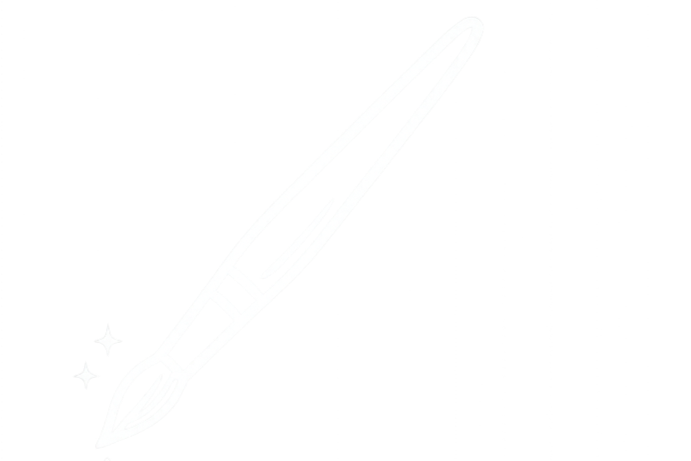 White outline of a pen with sparkles on a black background.