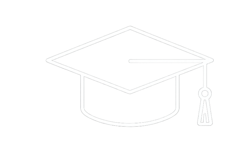Outline of a graduation cap with a tassel on a black background.