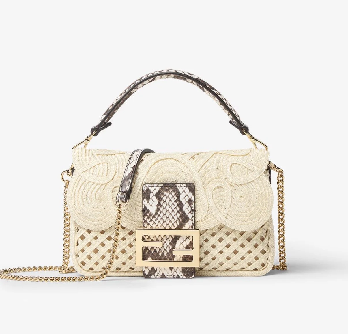Cream-colored handbag with embroidered floral details, a snakeskin-patterned strap and accent, and gold chain strap, featuring a gold buckle with a snakeskin pattern.
