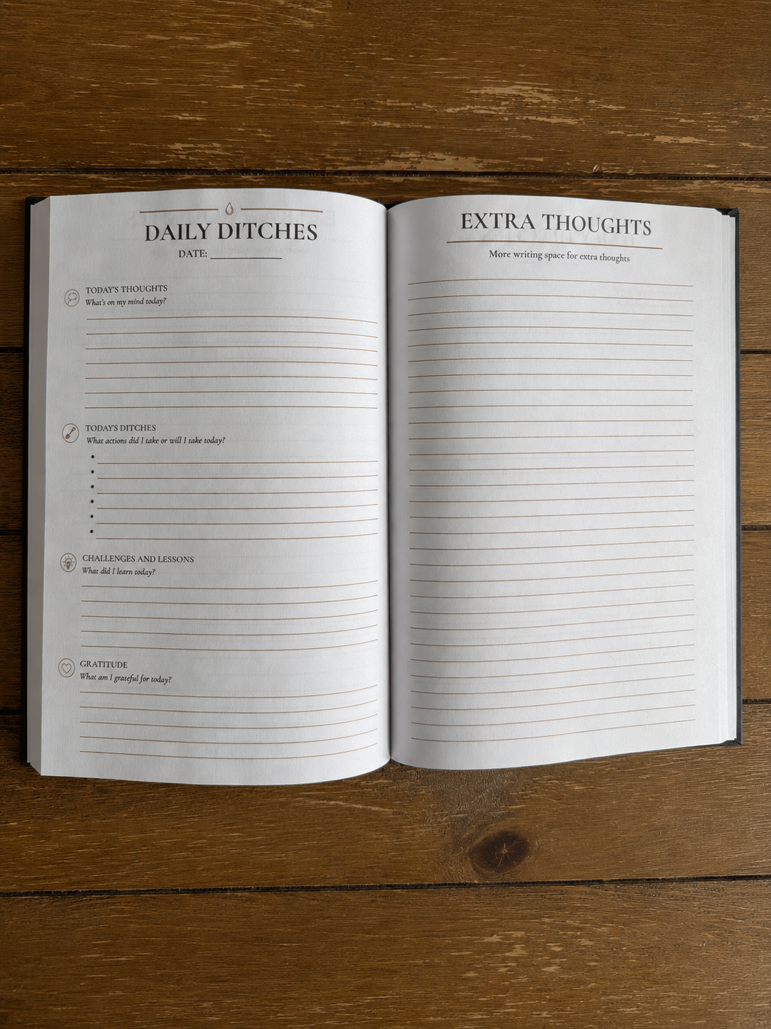 Open journal on rustic table