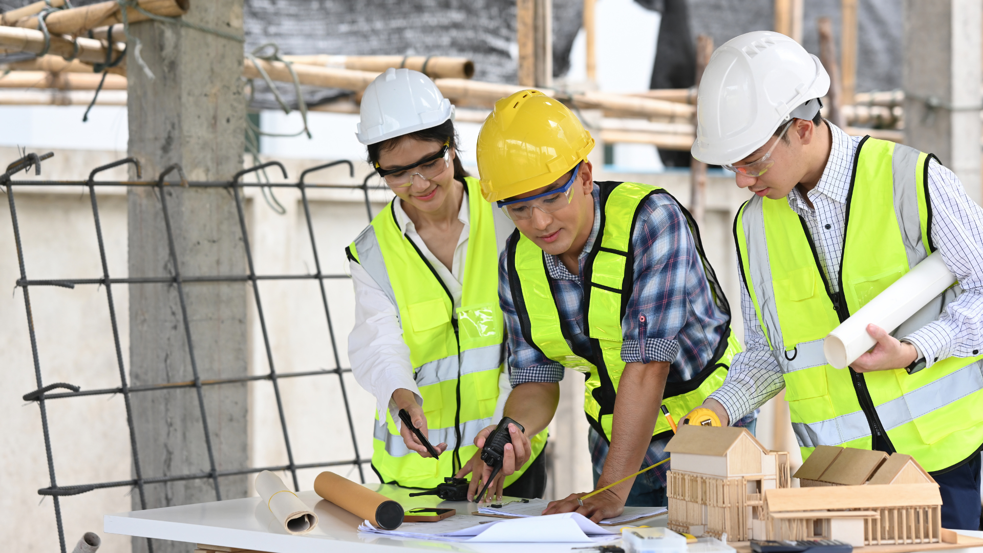 Construction workers wearing safety helmets and vests working on a building project with architectural plans and building materials.