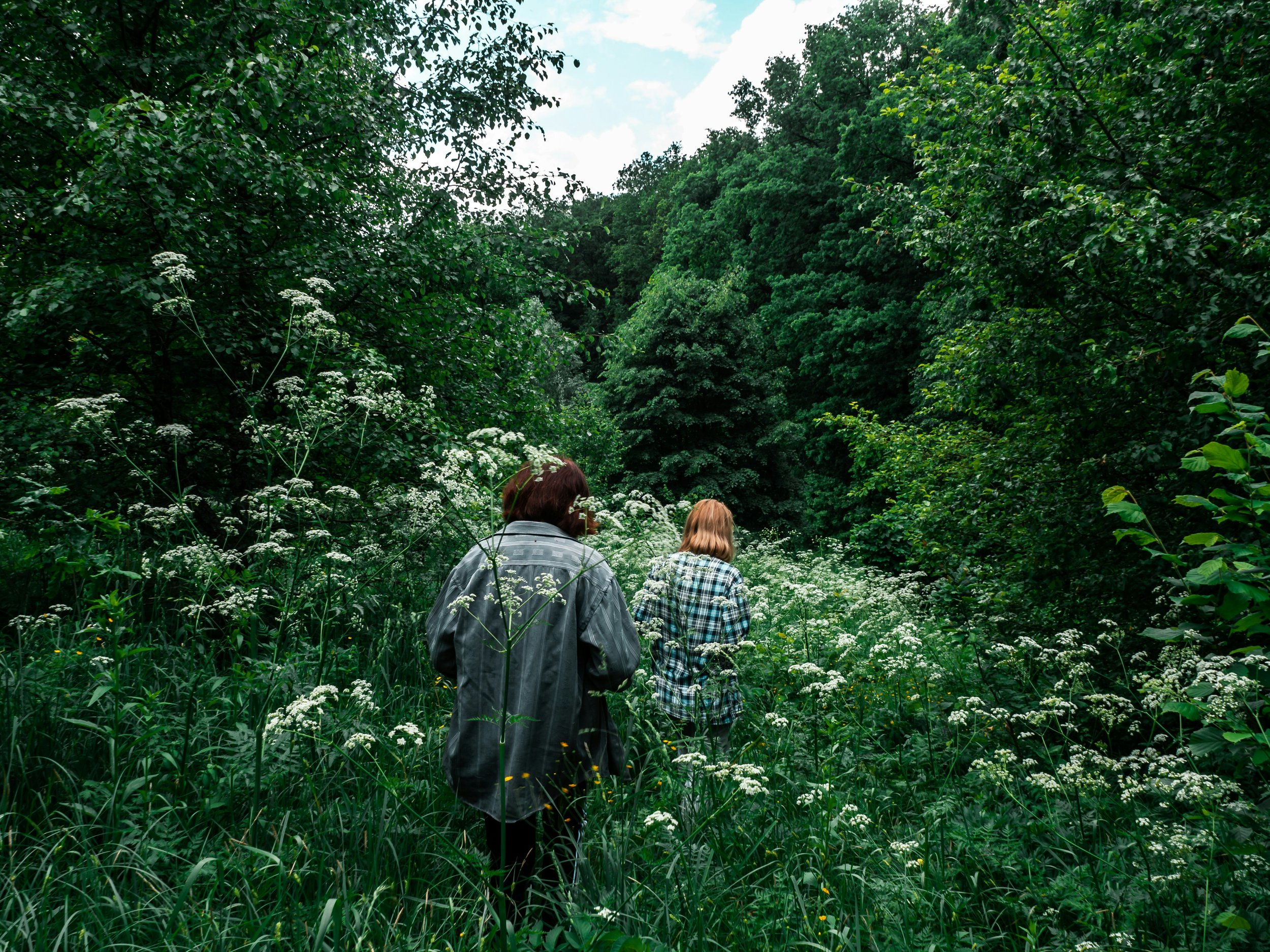 Two people walking through a dense green forest with trees and white wildflowers in the foreground.