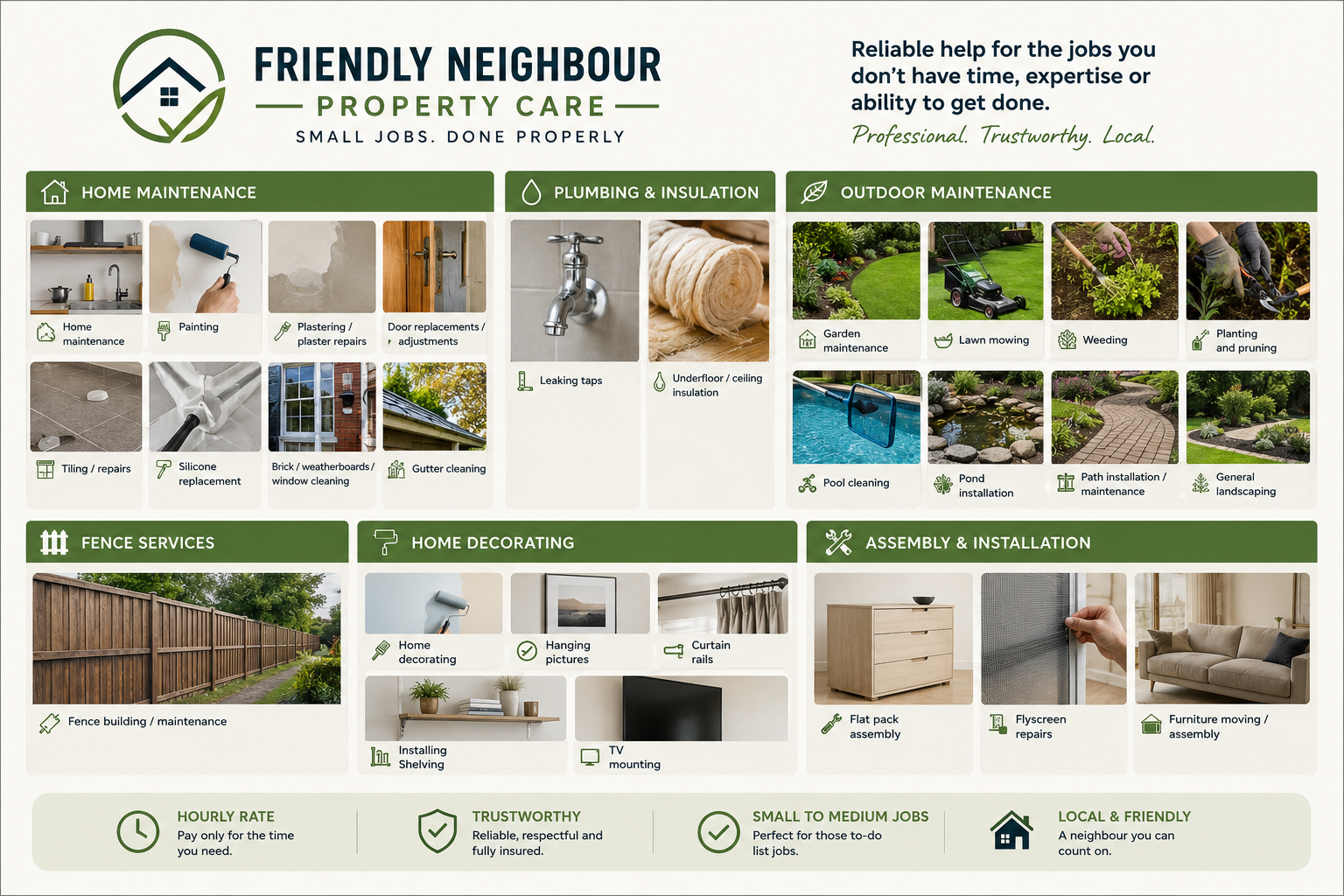 A comprehensive infographic for Friendly Neighbour Property Care, highlighting services like home maintenance, plumbing & insulation, outdoor maintenance, fence services, home decorating, and assembly & installation. Each section features representative images and descriptions of specific jobs, emphasizing professional, trustworthy, and local service qualities.