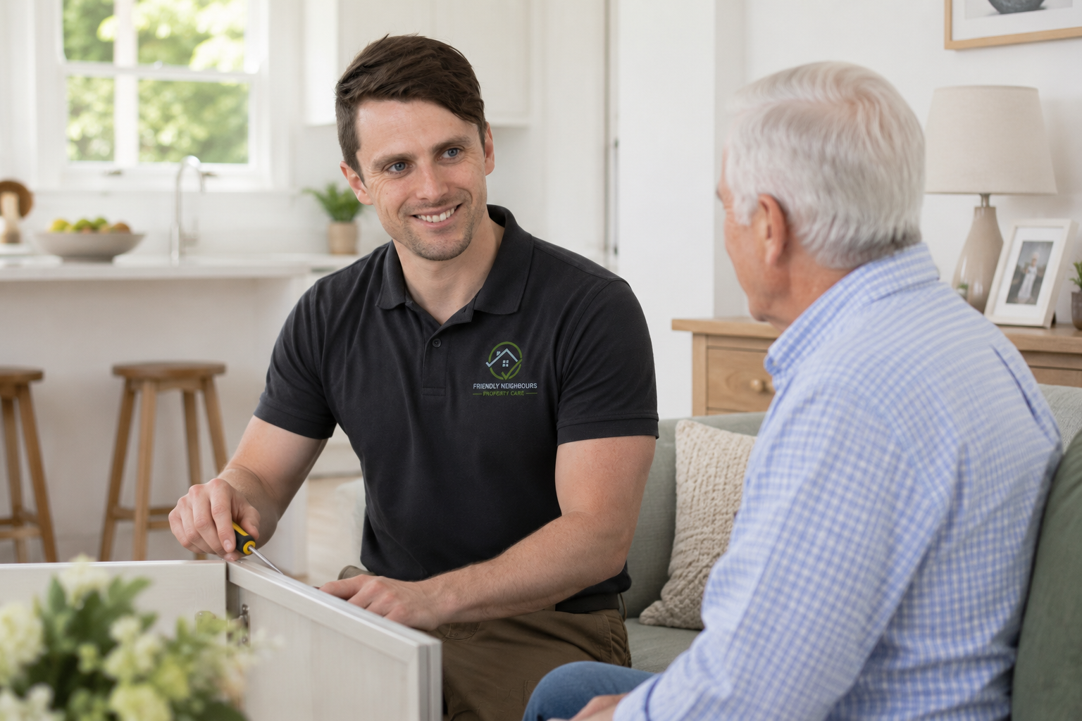 A young man in a black shirt with a logo is talking to an older man in a blue checkered shirt inside a home.