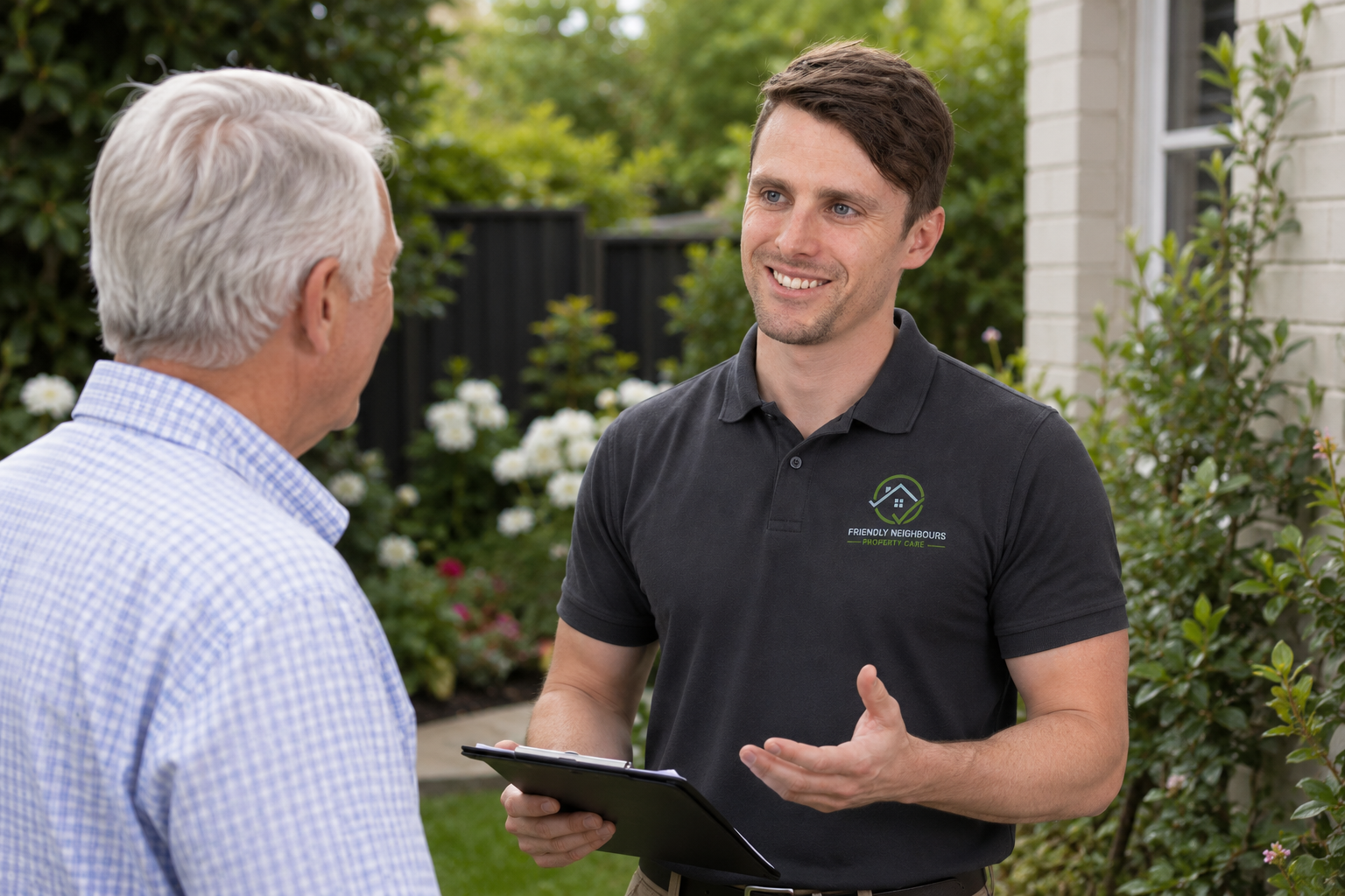 A young man with short brown hair, wearing a black polo shirt with logo, smiling and talking to an older man with gray hair, wearing a checkered shirt, outside in a garden with white flowers and greenery.