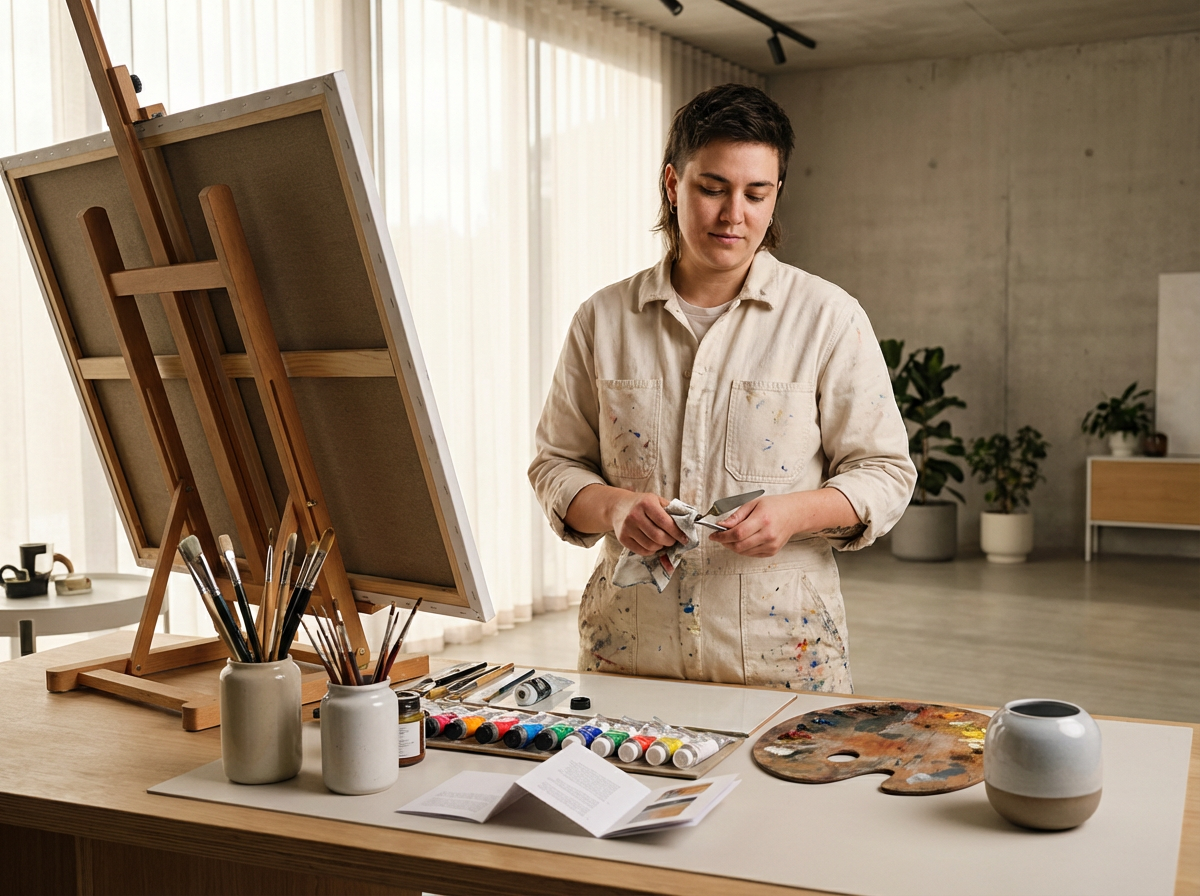 An artist standing at a wooden table in a bright studio, holding a paint tube and cloth, surrounded by art supplies including brushes, paint tubes, a palette, and a booklet, with canvas on easels in the background.