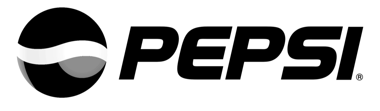Black and white Pepsi logo with a stylized globe and the word 'PEPSI' next to it.
