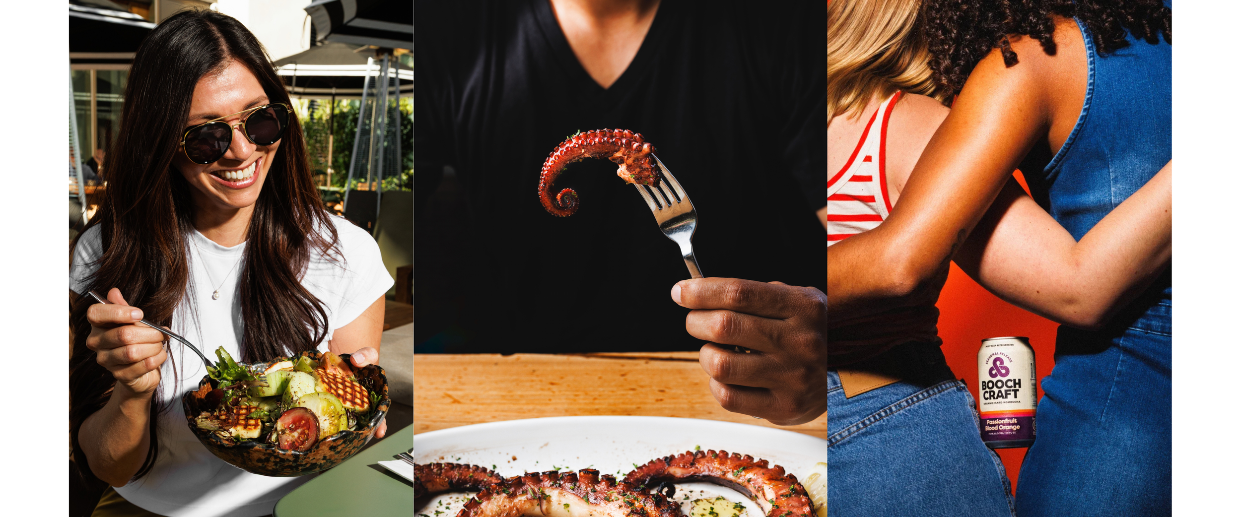 Commercial food photos of people eating in restaurants and having fun a food advertising campaign. By San Diego food photographer Amy Carson.