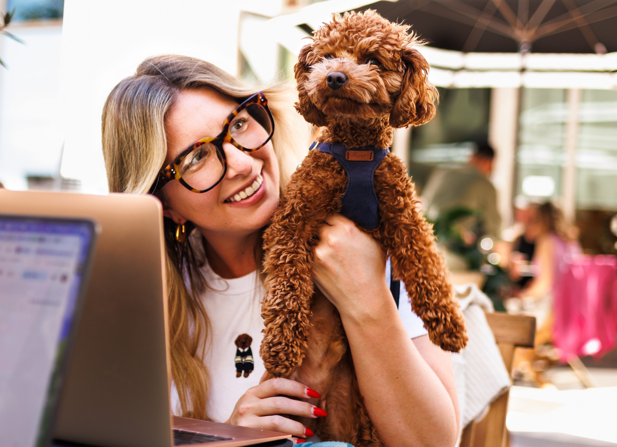 Commercial lifestyle photo of a woman with a toy poodle working on her laptop for a branded hospitality campaign.