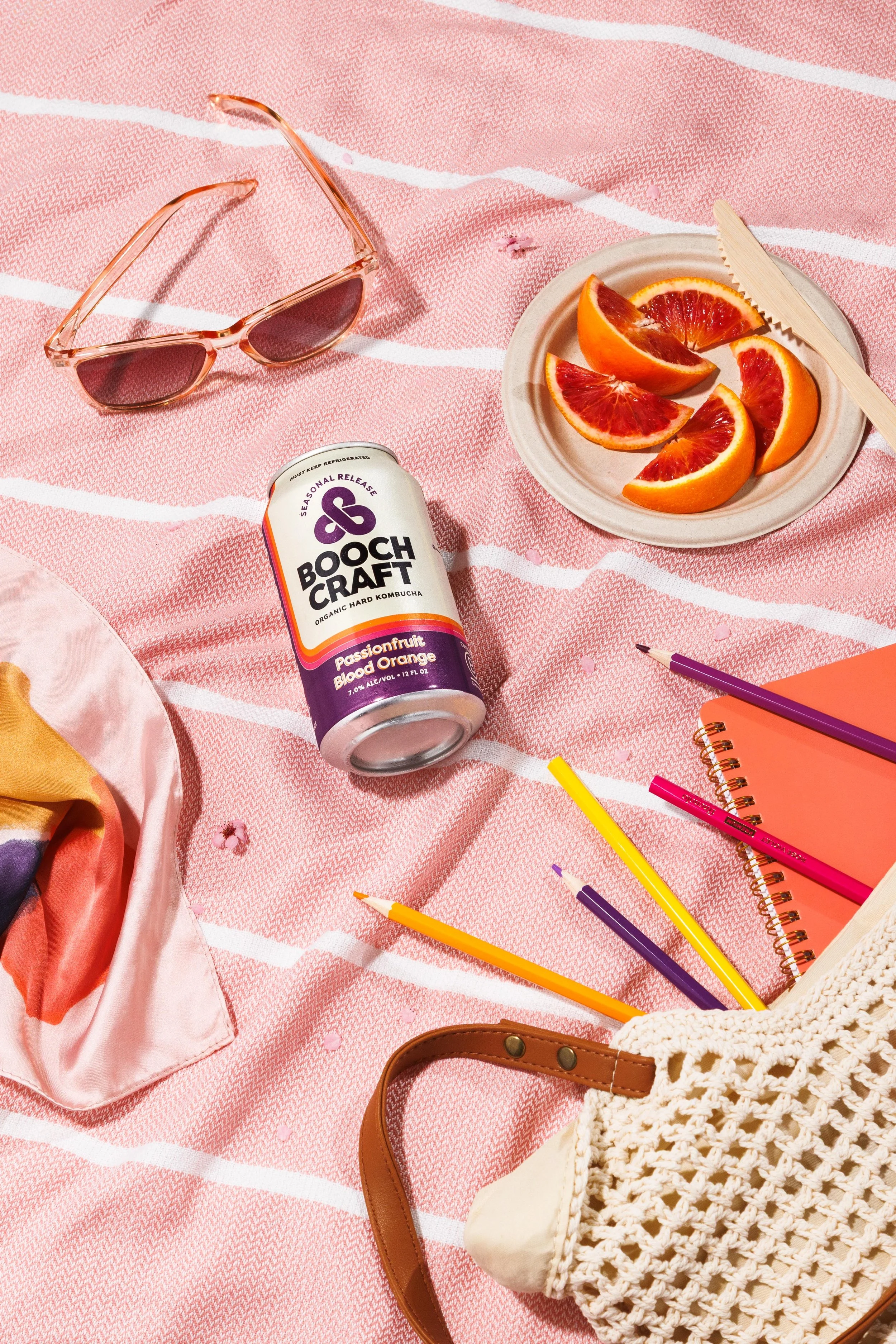 Commercial beverage lifestyle photo of a canned kombucha for Boochcraft advertising campaign.