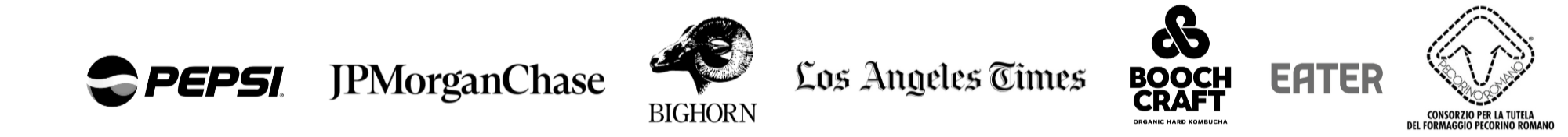 Collection of logos from various brands and organizations, including Pepsi, JPMorgan Chase, Bighorn, Los Angeles Times, Booch Craft, Eater, and a logo for a cheese protection consortium.