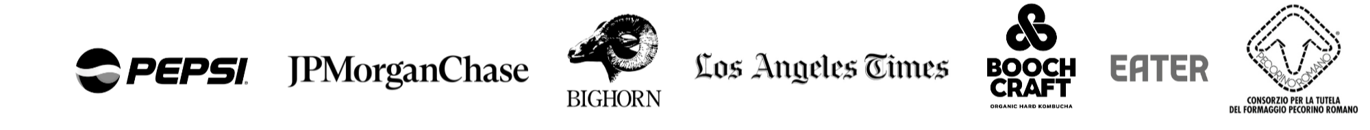 Row of logos from various brands and organizations, including Pepsi, JPMorgan Chase, Bighorn, Los Angeles Times, Boon Craft, Eater, and a cheese protection consortium.