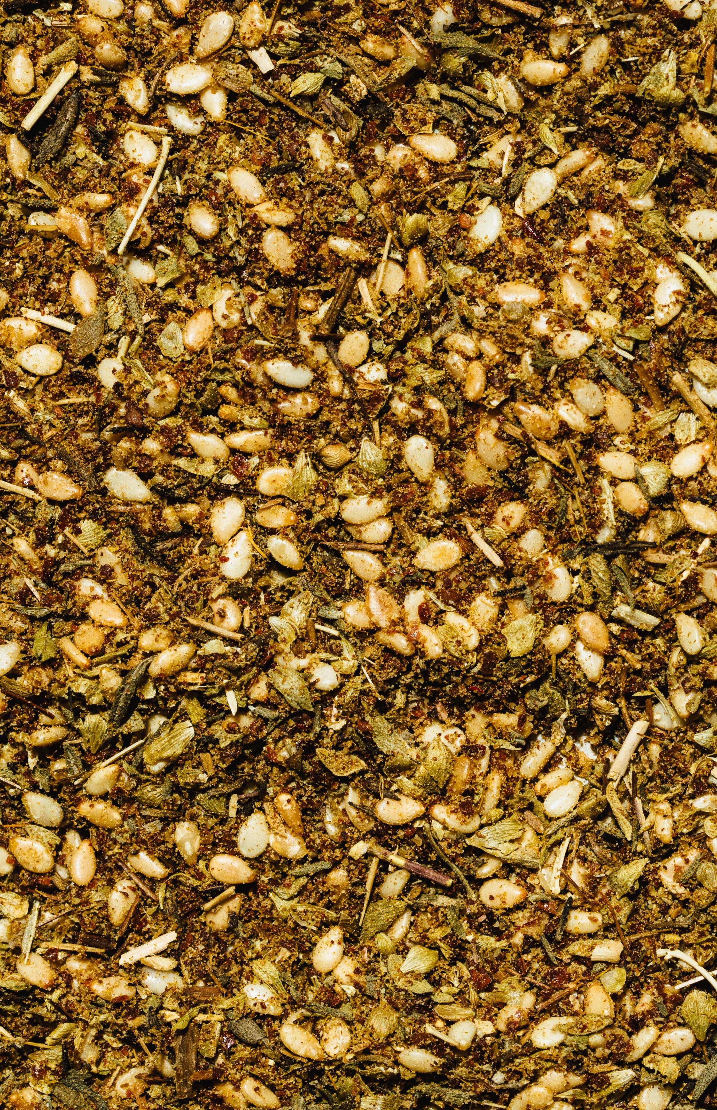 Commercial food lifestyle photo of za'atar spice in a graphic style by Amy Carson.