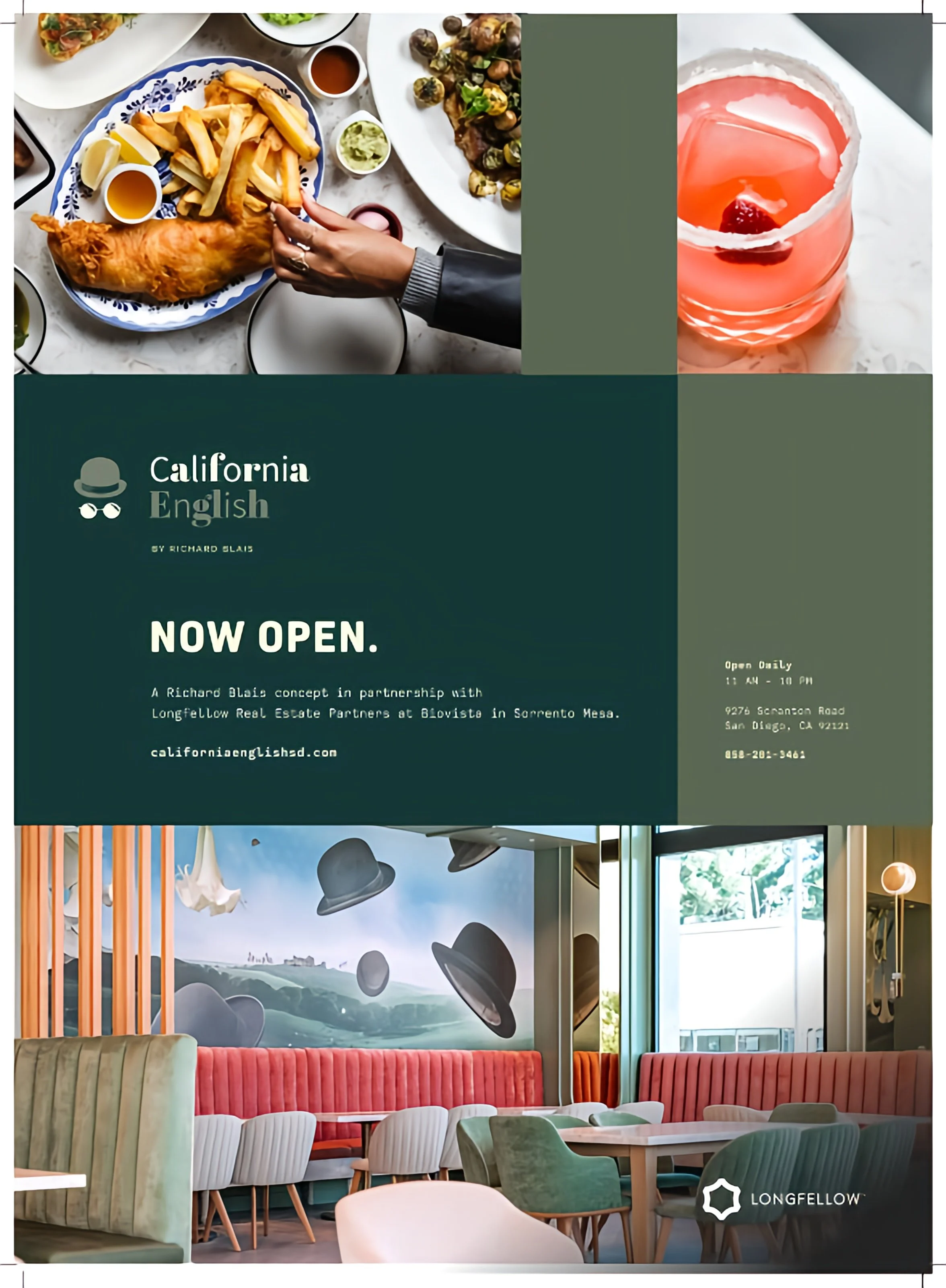 Full page magazine advertising photography for a restaurant featuring food, drink and interiors.