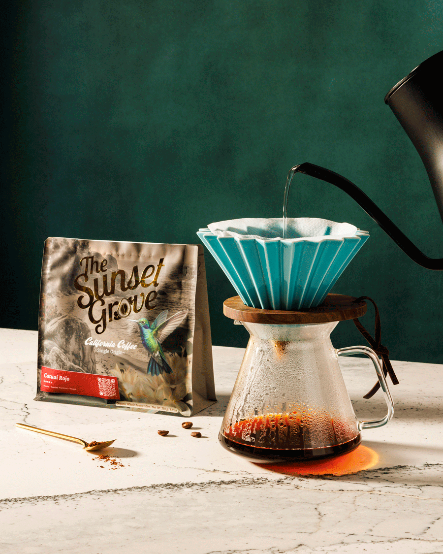 Commercial beverage product stop-motion GIF of pour over coffee and product packaging in frame.