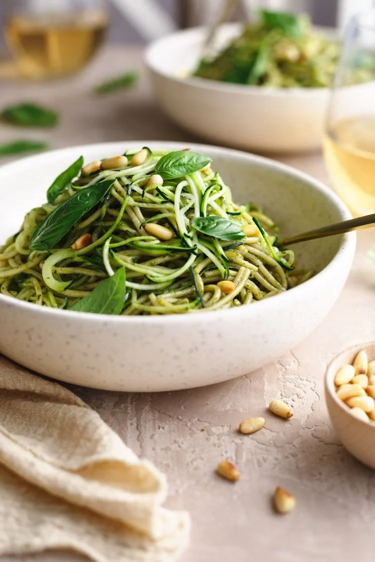 Commercial food photo of pesto zoodles shot for an Orange County magazine.