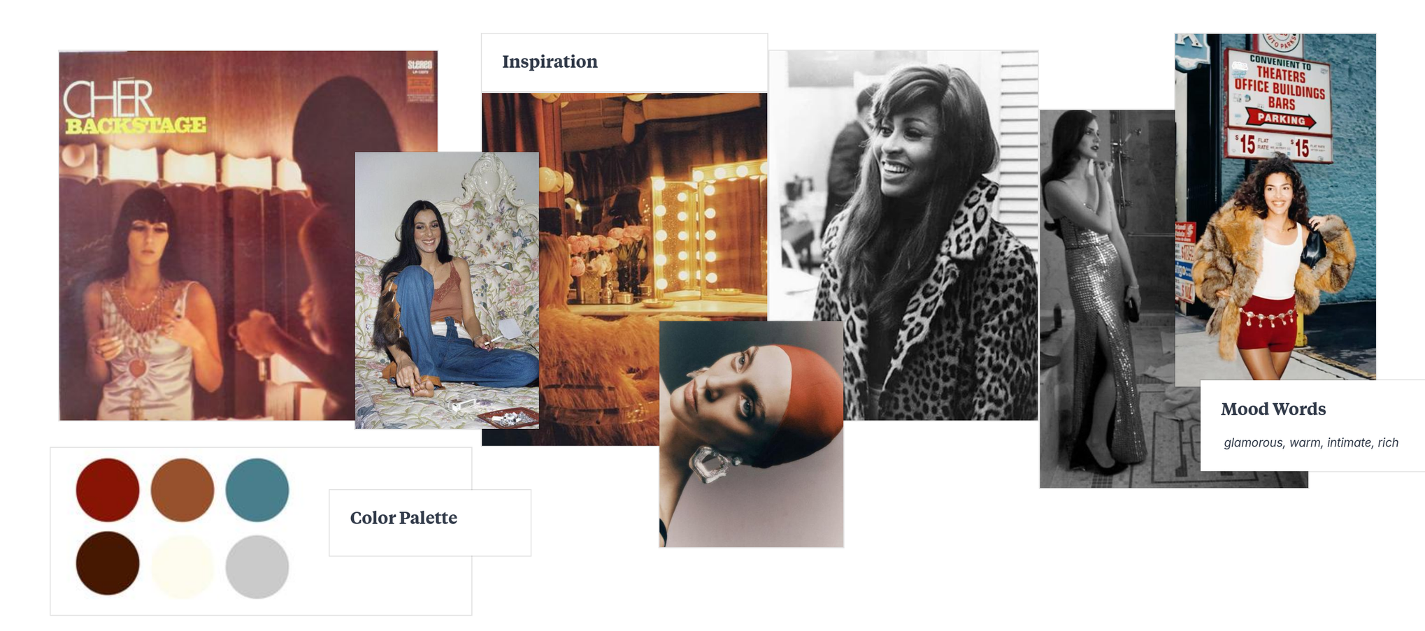 Mood board for a conceptual still life project featuring fashion, beauty, and glamor.