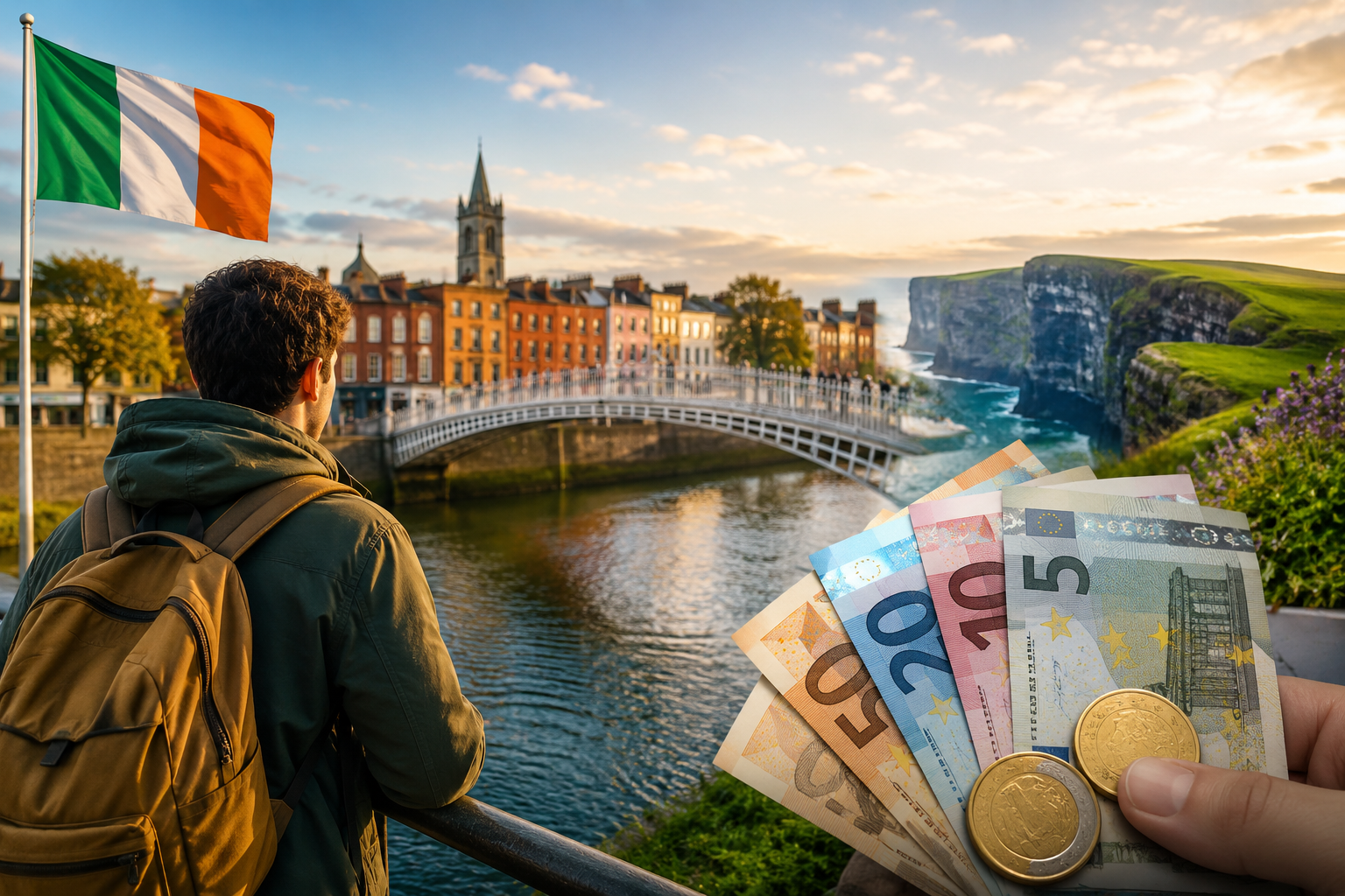 Estudante internacional na Irlanda com euros representando o custo de um intercâmbio em 2026