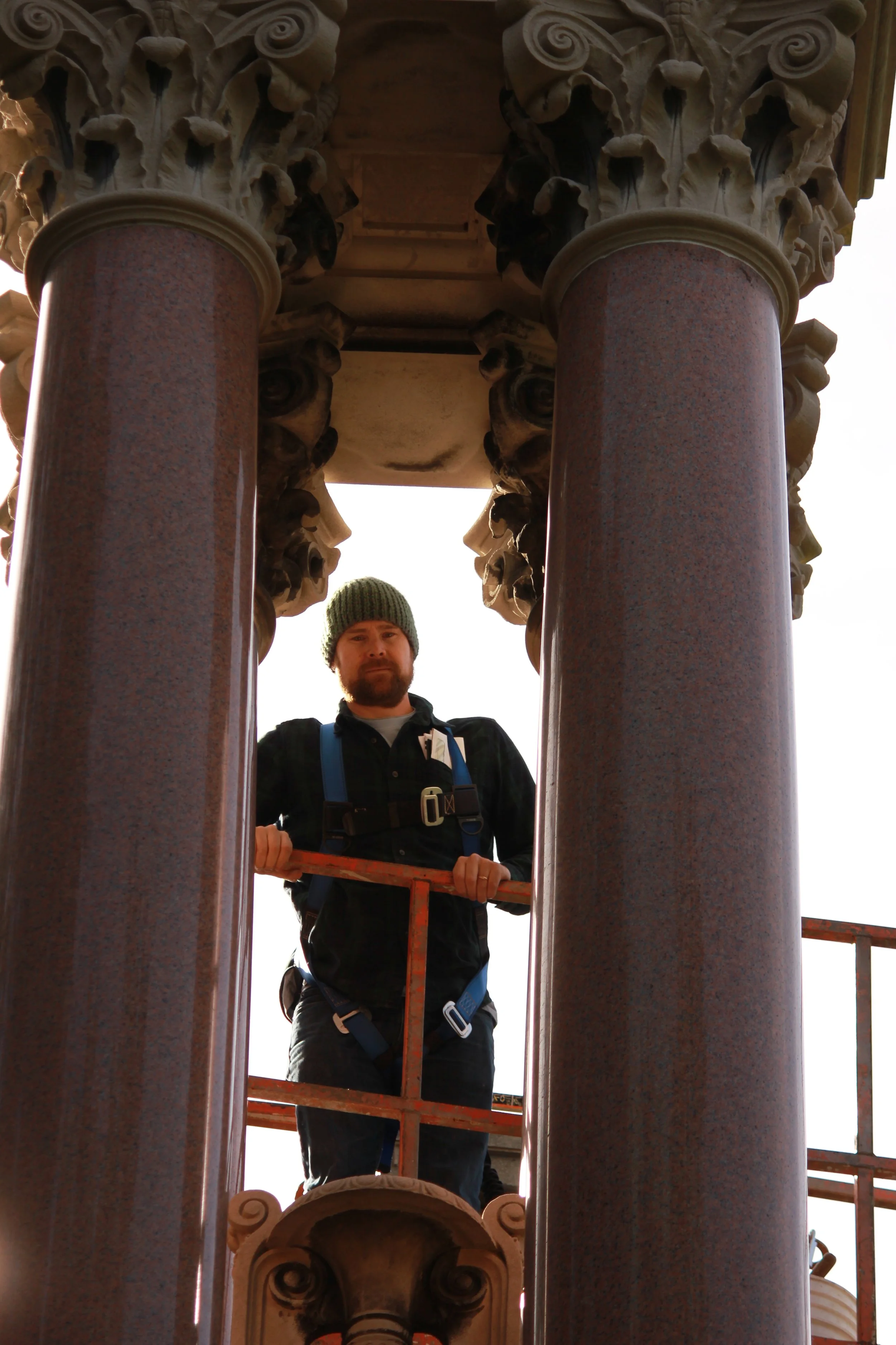 John Ecker conserving and cleaning Historic Gordon Monument in Savannah, GA.