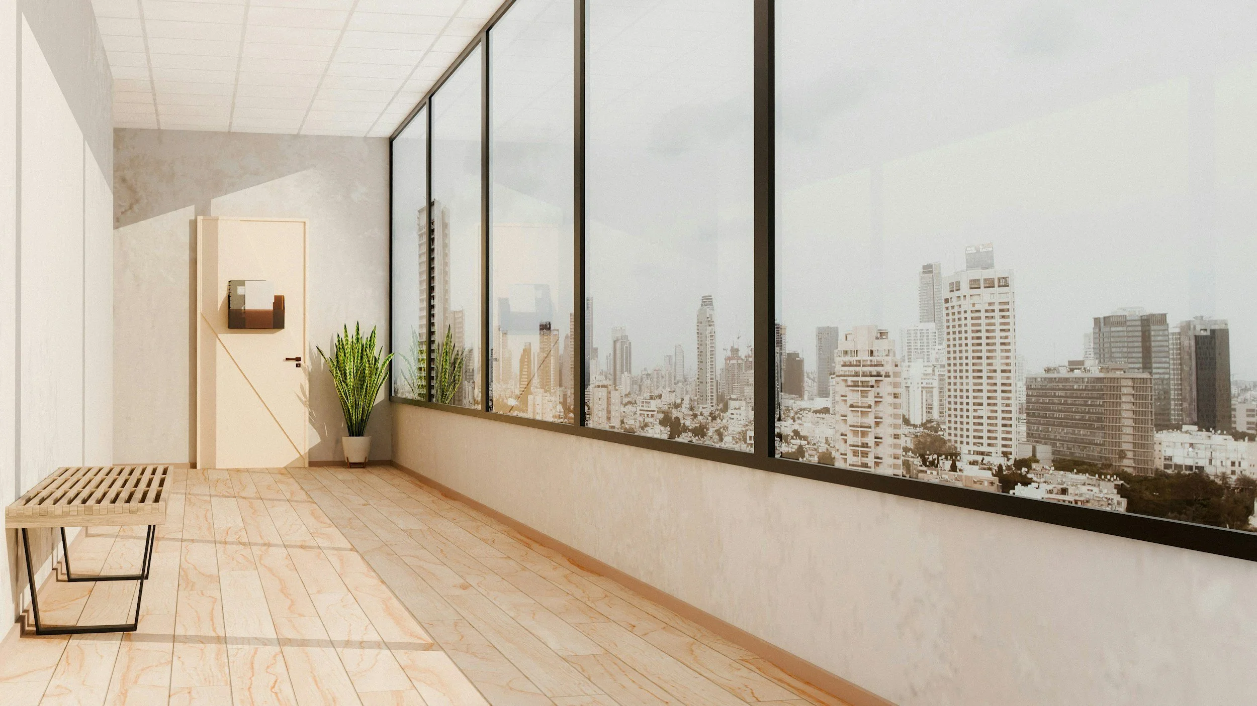 A modern indoor space with large floor-to-ceiling windows overlooking a city skyline. The room has light-colored marble flooring, a beige wall, and a small bench. There are potted plants and a decorative cabinet.