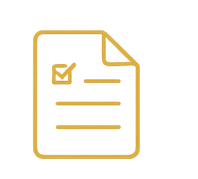 Icon of a document with a checkmark in a box and lines of text, in gold color.