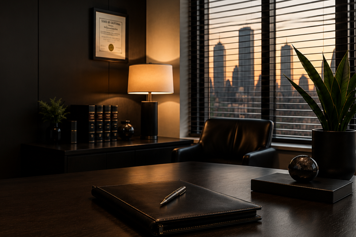 An office with a dark wooden desk, a black leather chair, a large window with blinds showing a city skyline at sunset, a table lamp, a framed certificate, a potted plant, and a black book with a globe and a notepad on the desk.