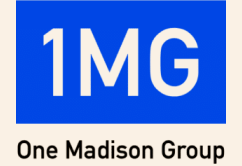 Blue square with white text '1MG' and smaller black text 'One Madison Group' underneath.