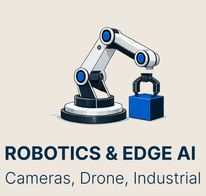 Illustration of a robotic arm with a blue cube, representing robotics and edge AI systems.