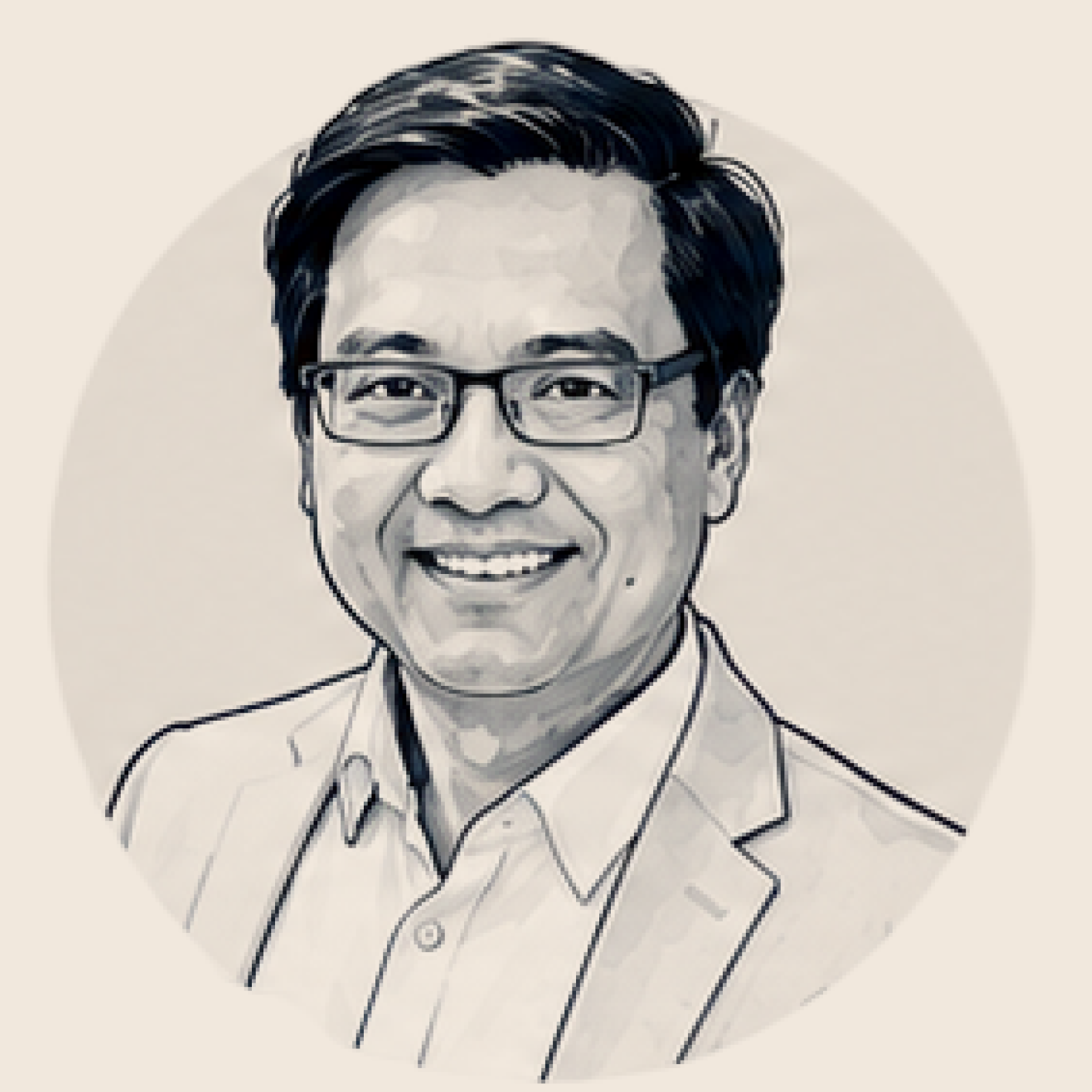 Black and white digital portrait of a middle-aged man with glasses, smiling, wearing a suit and collared shirt.
