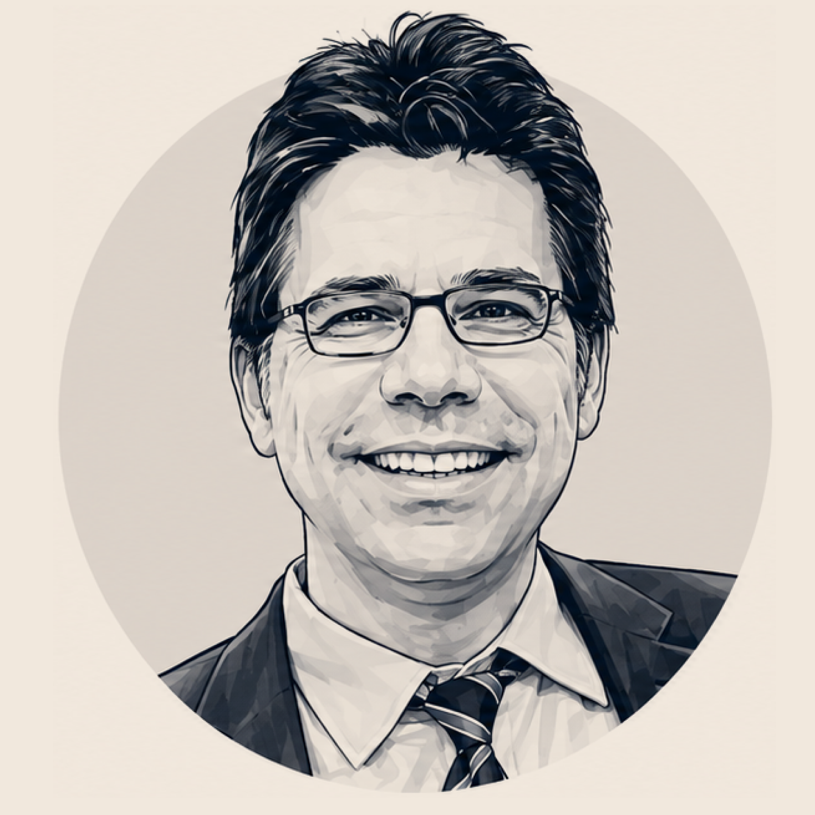 A black and white cartoon portrait of a smiling man with glasses, dark hair, wearing a suit and striped tie.