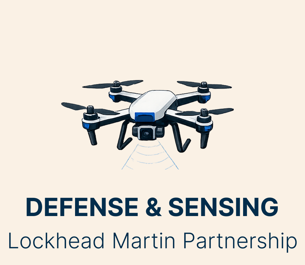 Illustration of a drone equipped with a camera and sensors, with text reading "Defense & Sensing Lockheed Martin Partnership"