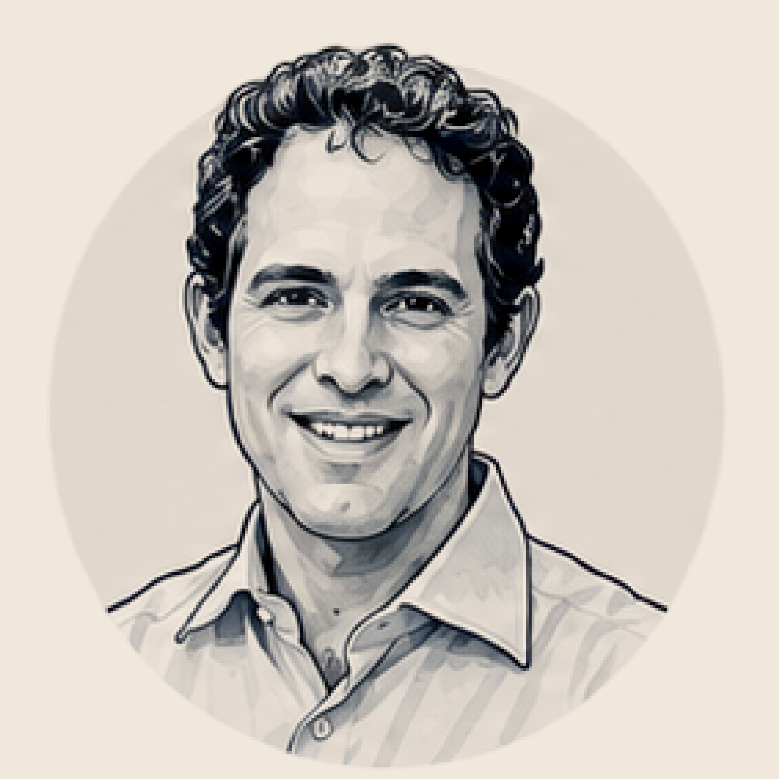Black and white illustration of a smiling man with curly hair, wearing a collared shirt.