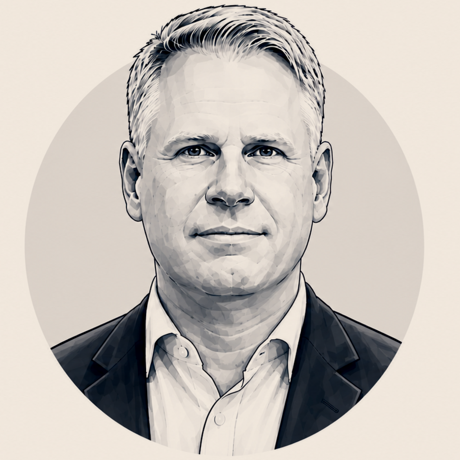 Black and white digital portrait of a man wearing a white shirt and dark suit jacket, with short, neatly combed hair, looking directly at the camera.