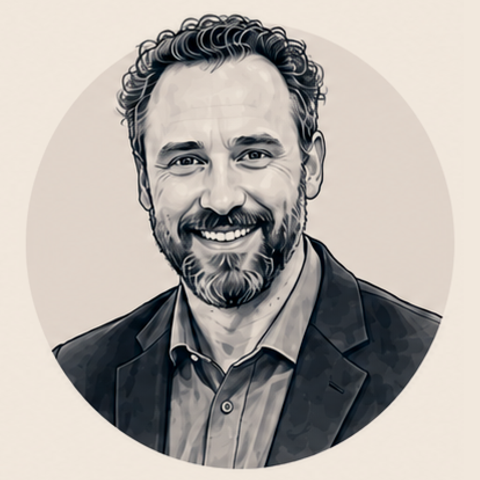 Black and white digital illustration of a man with curly hair and a beard, wearing a suit jacket over a collared shirt, smiling.