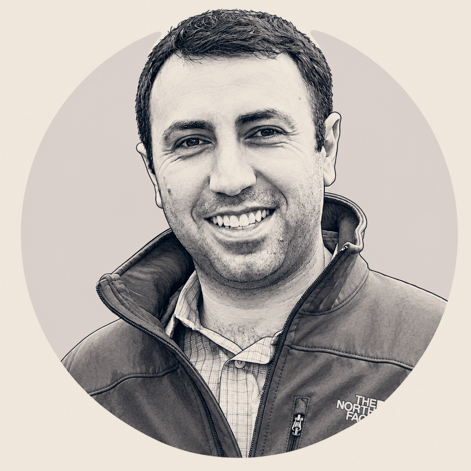 A black and white illustration of a man smiling, wearing a zip-up jacket from The North Face over a collared shirt.