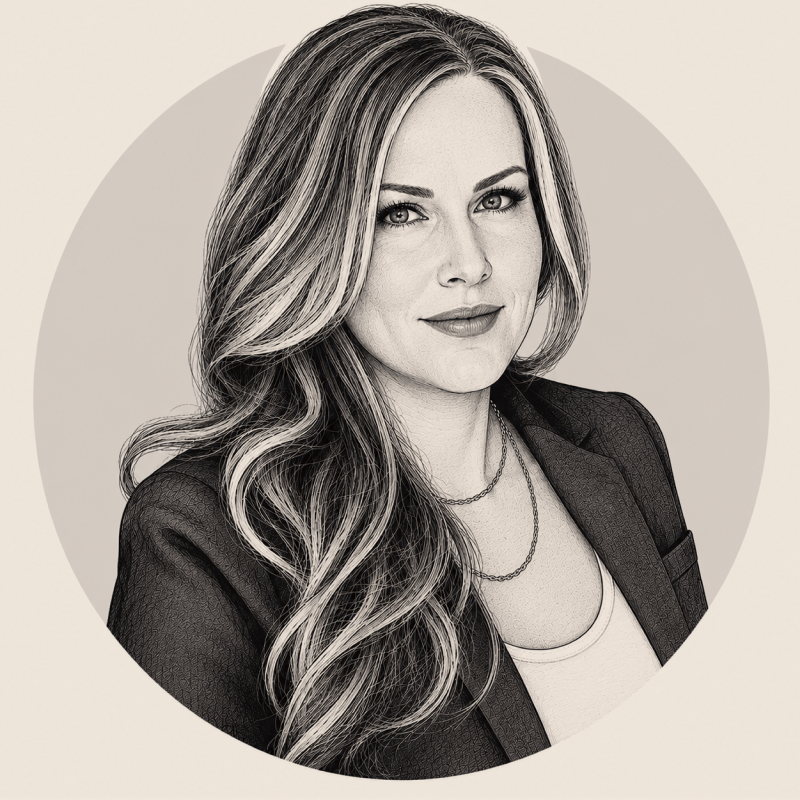Black and white portrait of a woman with long wavy hair, wearing a blazer and layered necklaces, looking at the camera.