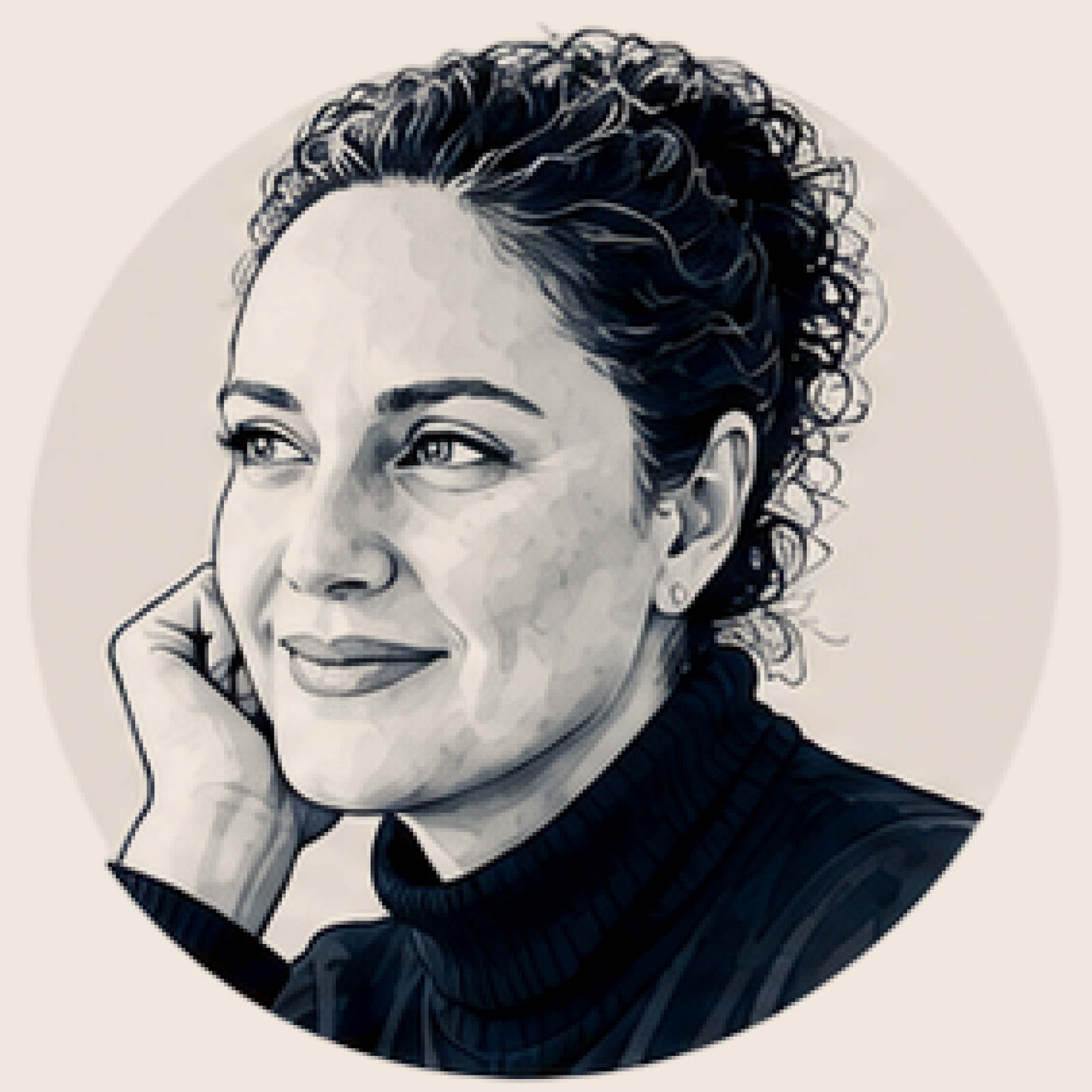 Black and white portrait of a woman with curly hair, resting her face on her hand, looking thoughtful.