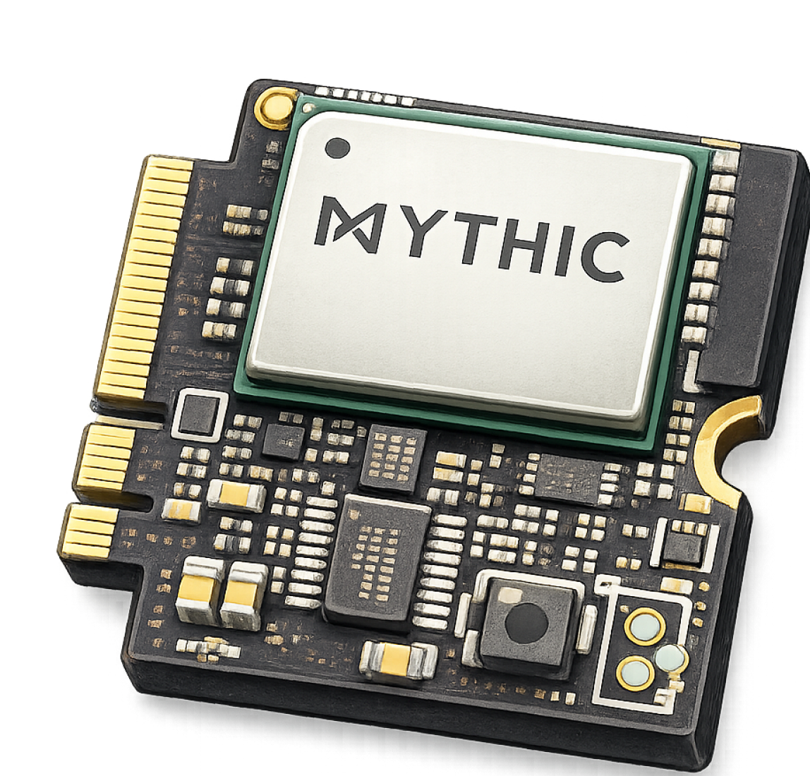 A circuit board with the word "MYTHIC" on a central raised chip.