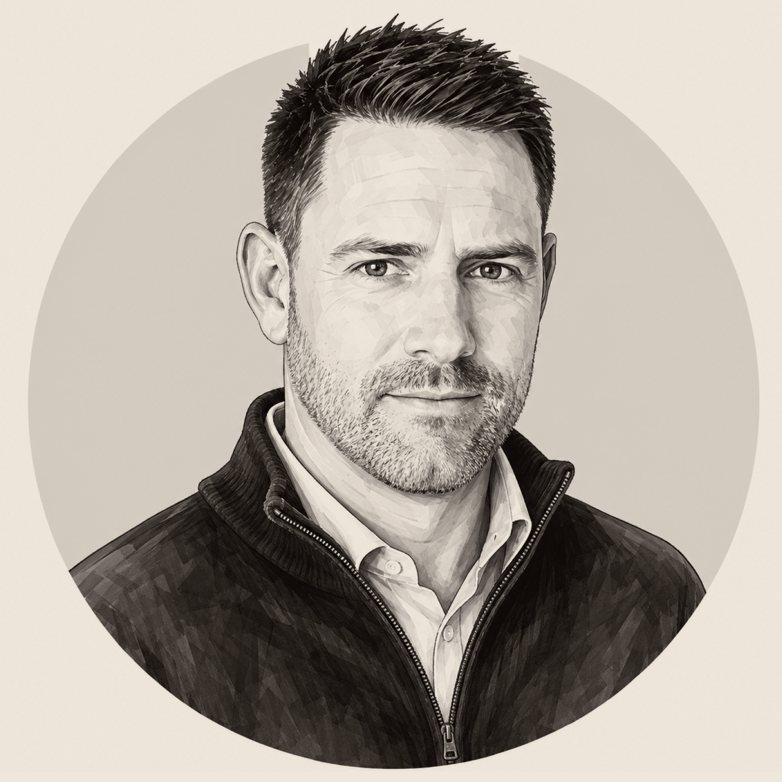 Black and white digital portrait of a man with short, styled hair, beard, wearing a collared shirt and a sweater with a zipper.