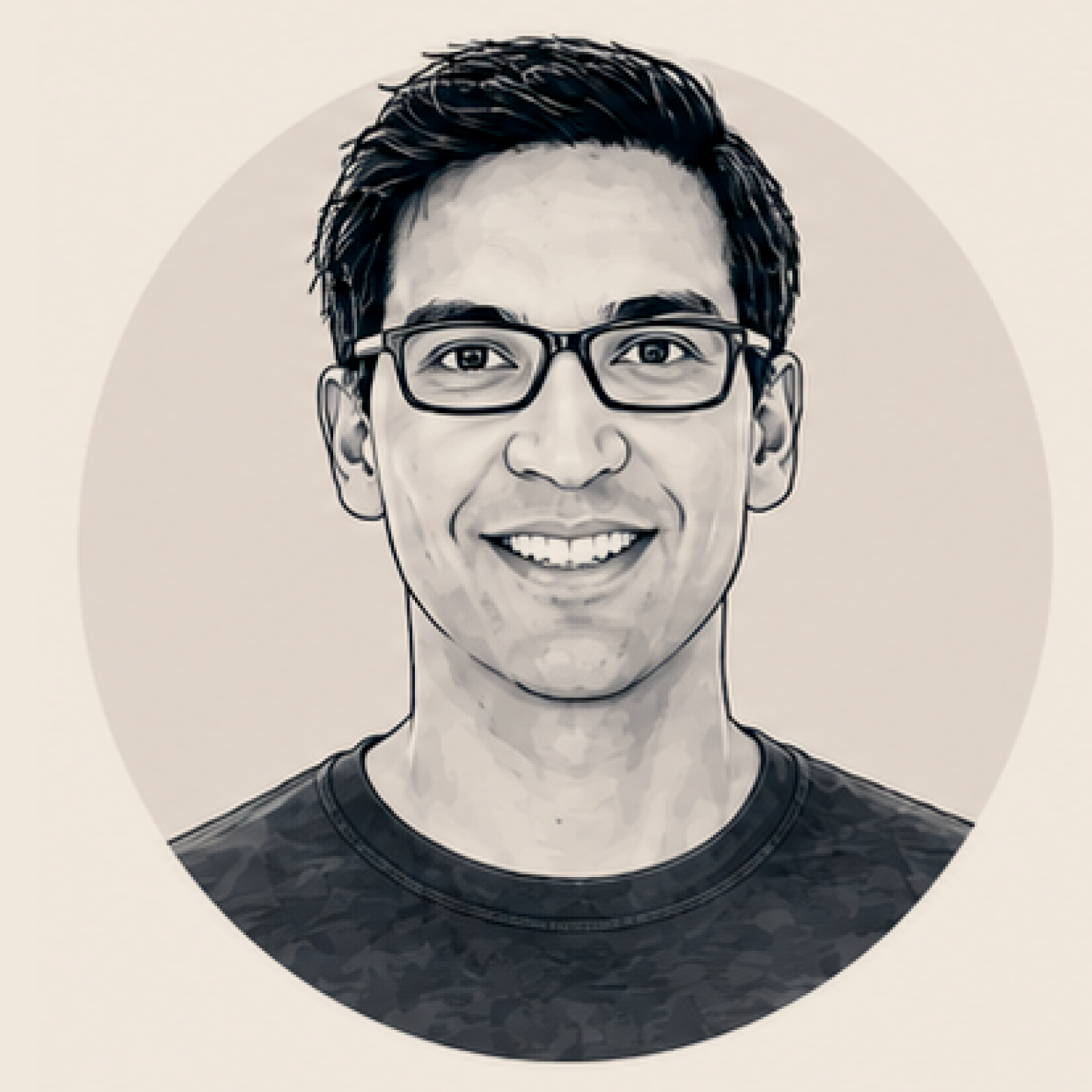 A digital illustration of a young man with glasses, short dark hair, and a wide smile, wearing a black patterned shirt, on a light circular background.