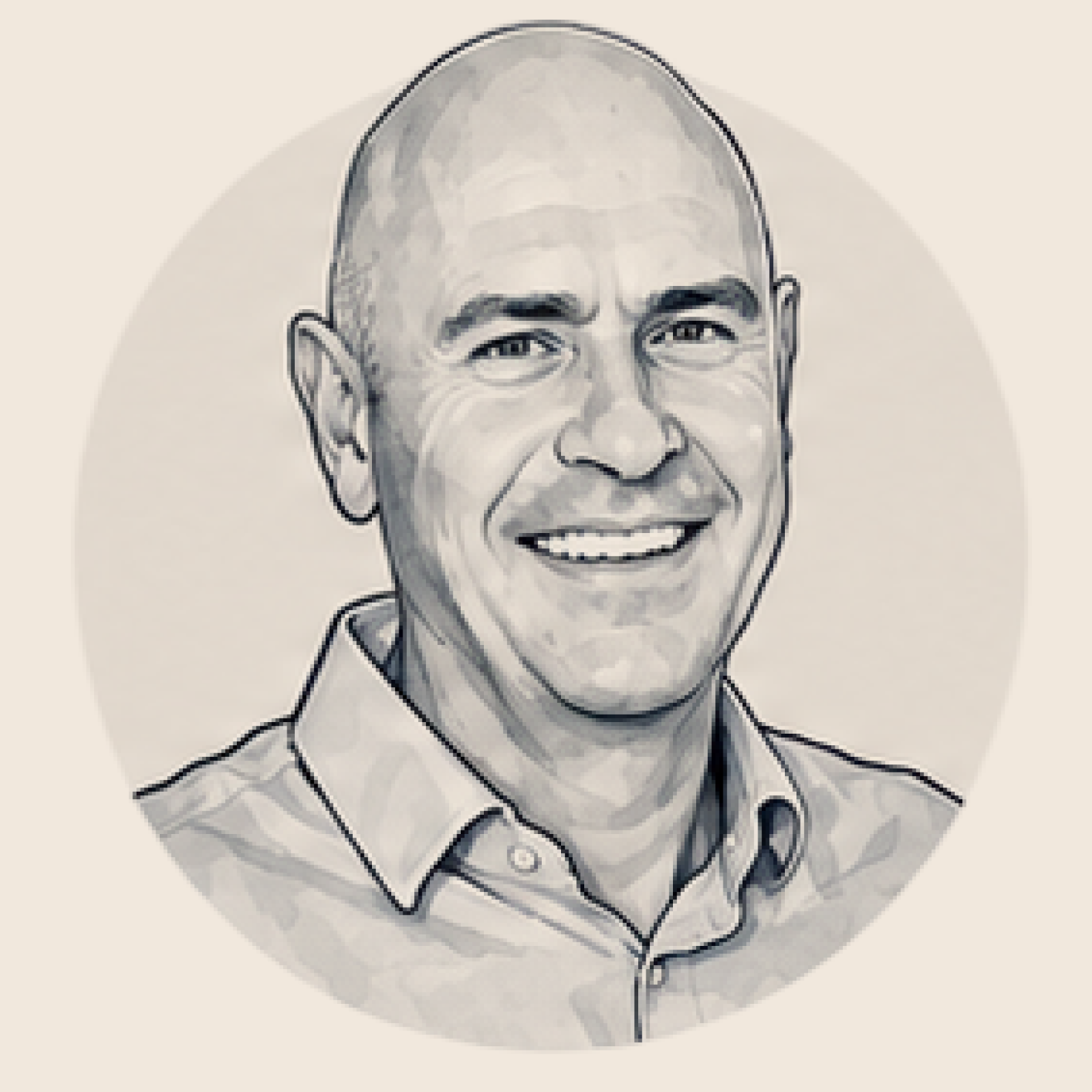 Black and white sketch of a smiling, bald man wearing a collared shirt.