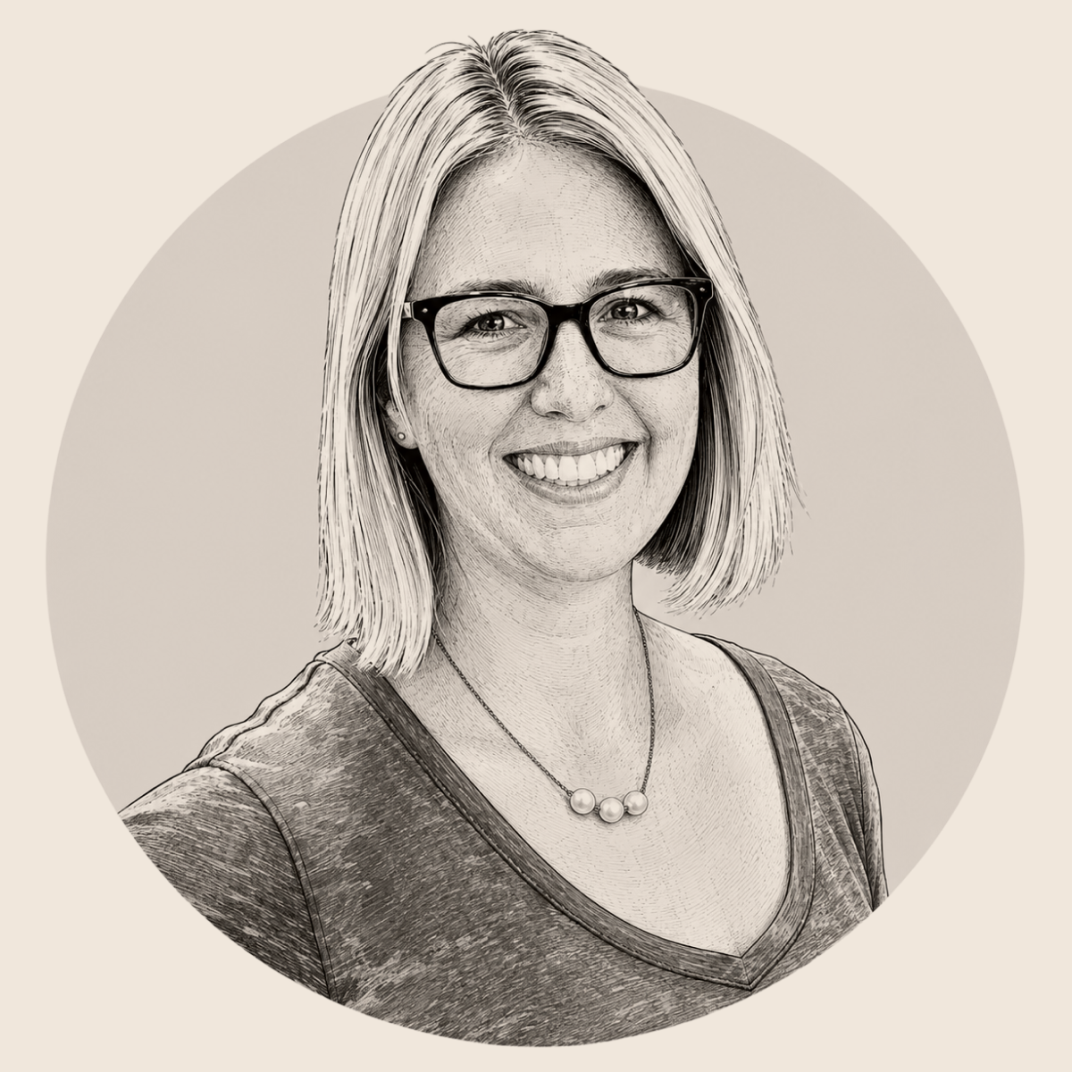 A smiling woman with shoulder-length hair, glasses, and a necklace, wearing a casual top, in a circular portrait with a neutral background.