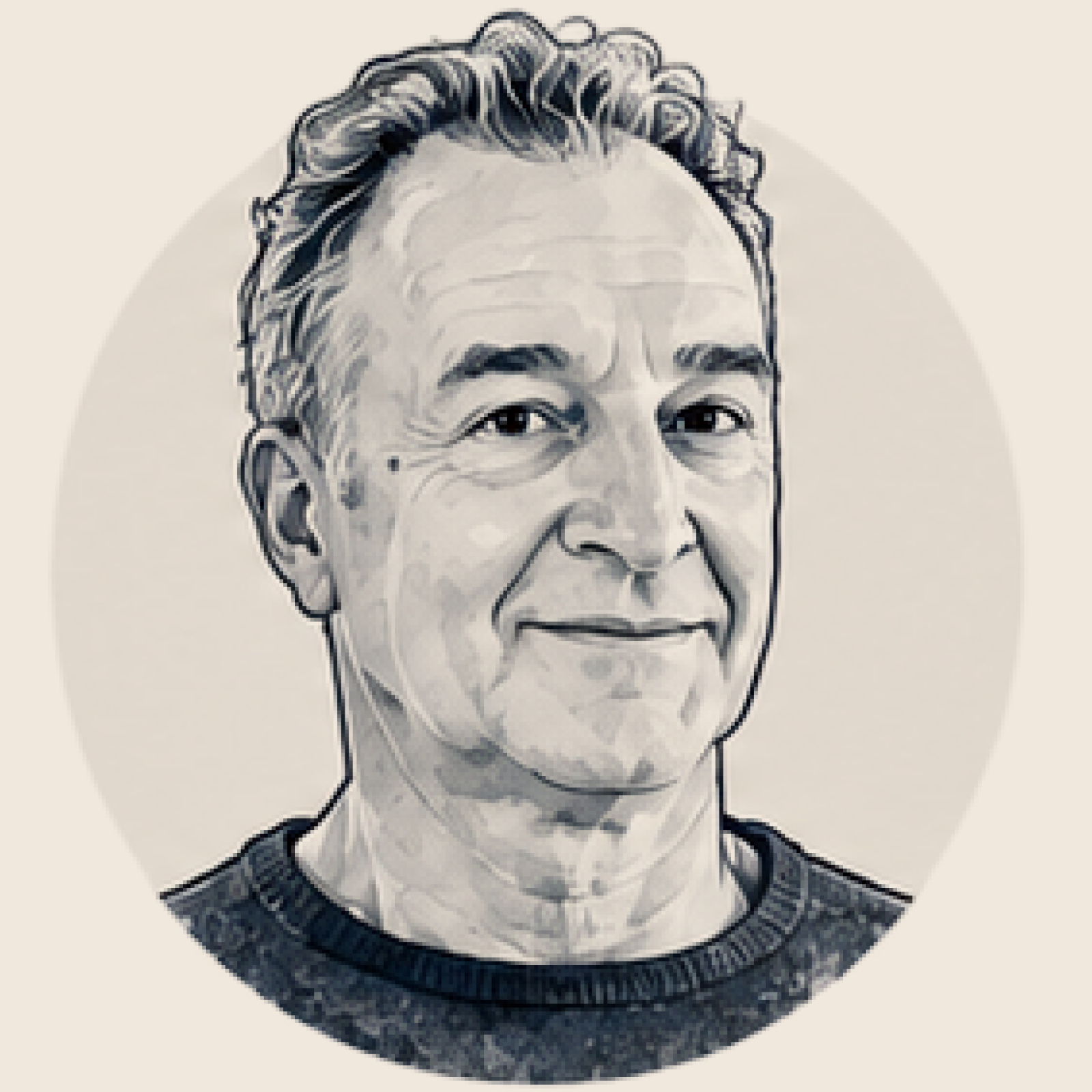 A digitally illustrated portrait of an elderly man with short, wavy hair, wearing a dark shirt. The background is light-colored and plain.