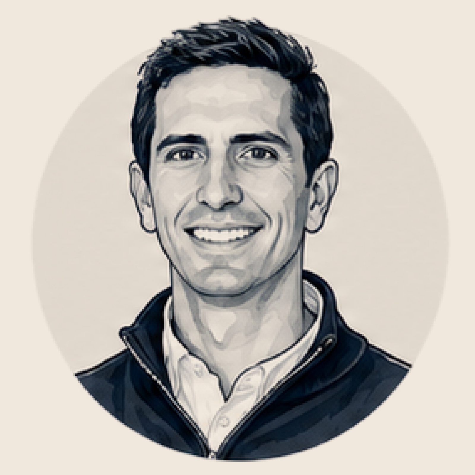 Black and white digital illustration of a smiling man with short dark hair, wearing a collared shirt and a zippered jacket.
