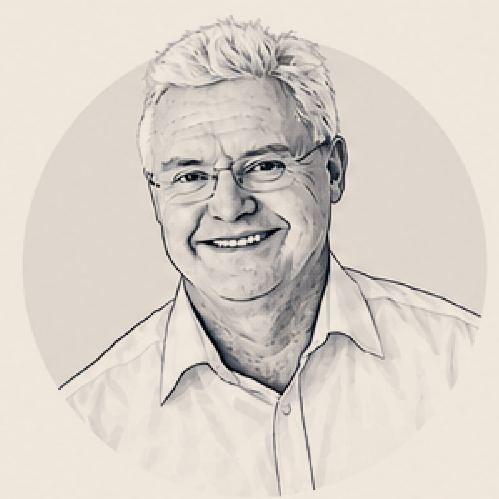 Black and white drawing of smiling man with glasses, wearing a collared shirt.