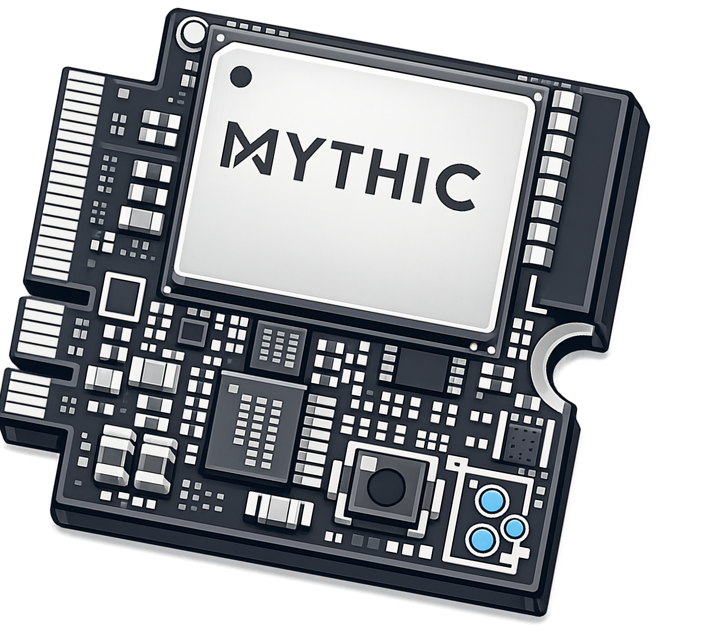 A close-up illustration of a DJ equipment controller with the word 'MYTHIC' displayed on its screen.